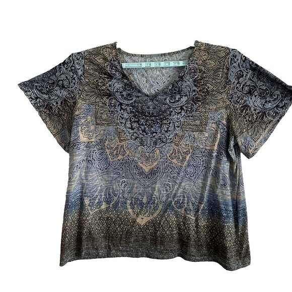 Catherines Tunic Shirt Women's 2X Rhinestone & Lace Embellished Blouse Tee Blue - Picture 1 of 8